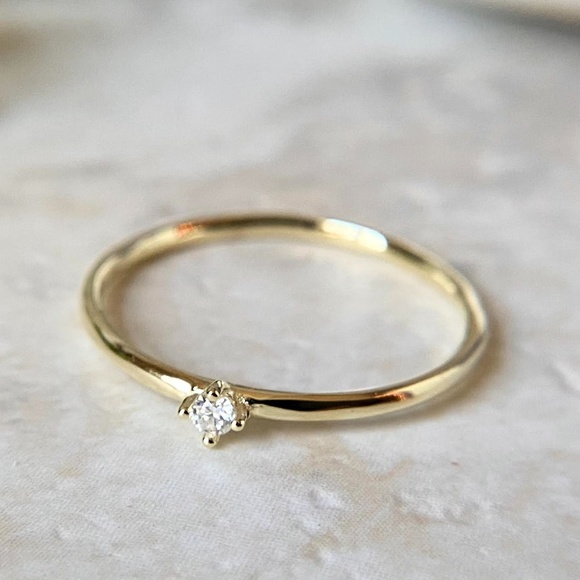 Dainty 14k Gold Plated CZ Ring Dainty Minimal Stacking Ring 925 Sterling Silver - Picture 3 of 4